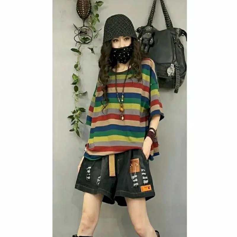 Womens T Shirt Color Striped Short-sleeved T Shirt 2024 Summer New Woman Tshirts Oversized Shirts Kawaii Clothes Harajuku Tops