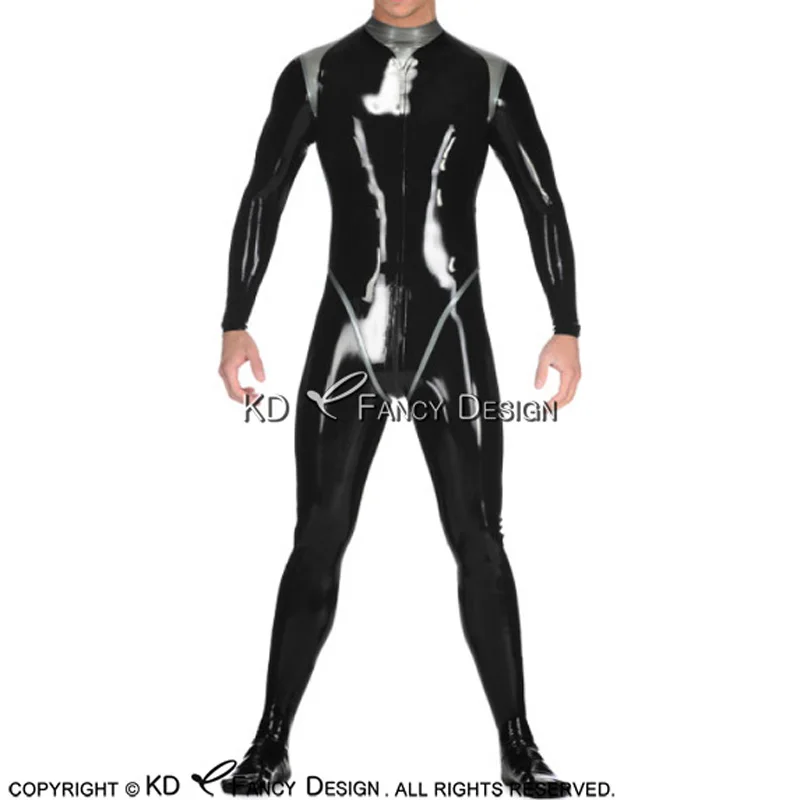 Black And Silver Sexy Latex Catsuit With Trims Around Neck Front Back Zippers Rubber Bodysuit Zentai Overall Body Suit LTY-0182