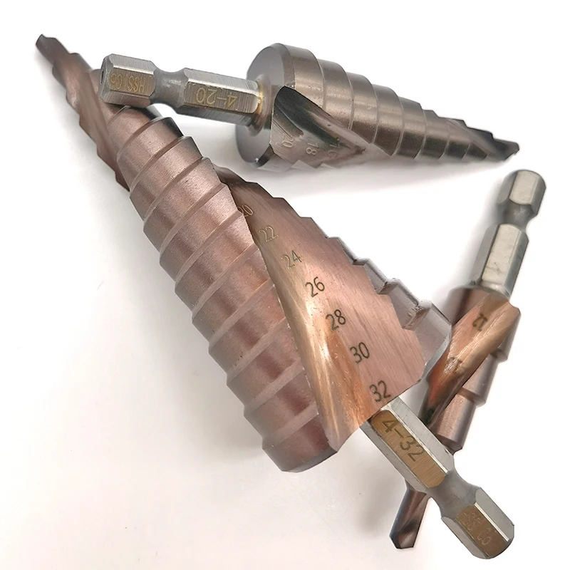 4-12mm 4-20mm 4-32mm M35 Cobalt Step Drill Bit Set Tapered HSS-CO HSS Drill Bit Kit Spiral Groove Hex Shank for Stainless Steel