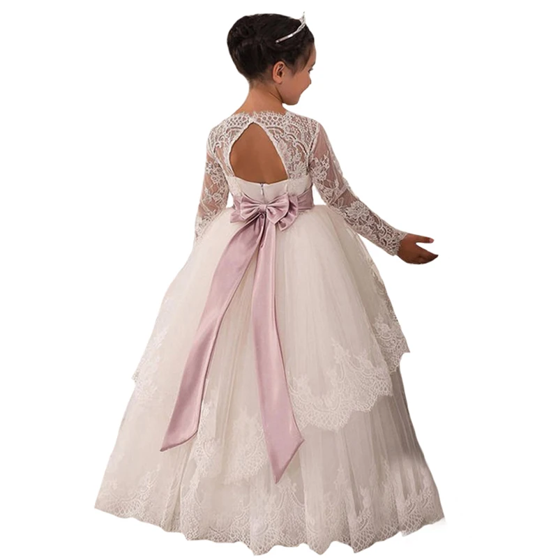 Princess Flower Girl Dresses O Neck Ball Gowns for Little Baby vestidos de primera comunion Long Sleeves Kids Pageant Dresses