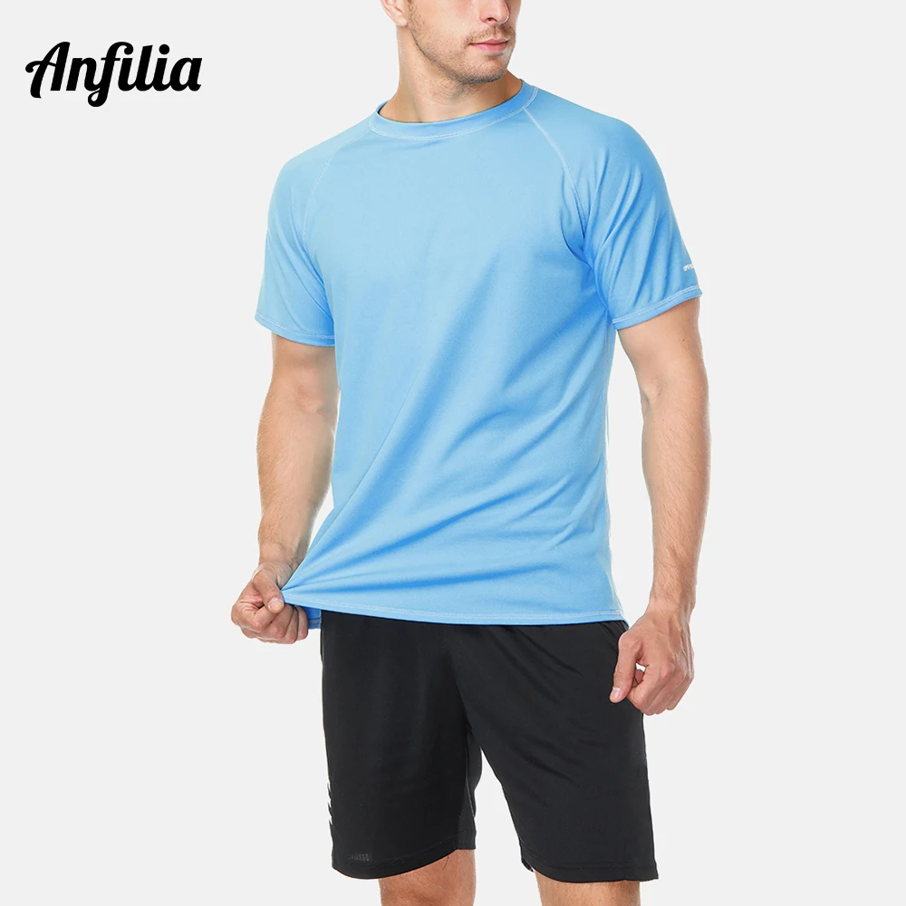 Anfilia Men Dry-Fit Shirts Solid Color Loose Fit Shirt UV-Protection Men\'s Rash Guard UPF 50+ Beach Wear Sports wear Surfing