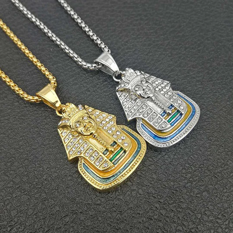 Hip Hop Rhinestones Paved Bling Iced Out Stainless Steel Egyptian Pharaoh Tutankhamun Pendants Necklaces for Men Jewelry