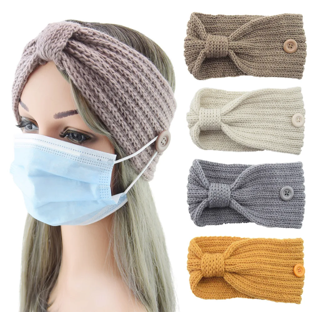 Fashion bow winter knit warm women headbands solid stripes ladies turban headwear hair ribbons hair accessories with buttons