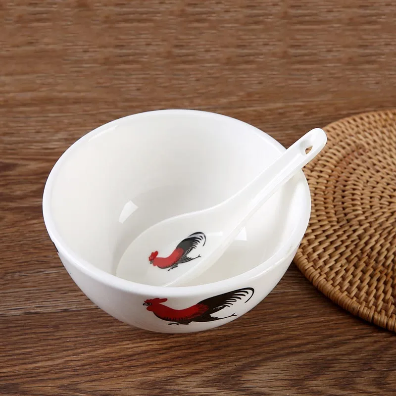 Chinese Ceramic Soup Bowl Vintage Classical Cock Art Small Rice Bowls Kitchen Utensils Porcelain Tableware Home Dinnerware White