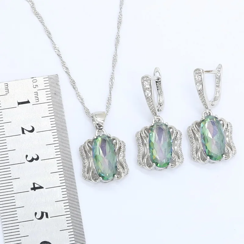 Silver Color Jewelry Sets for Women Rainbow Multi Color Topaz Bracelet Earrings Rings Necklace Pendant Gift Box