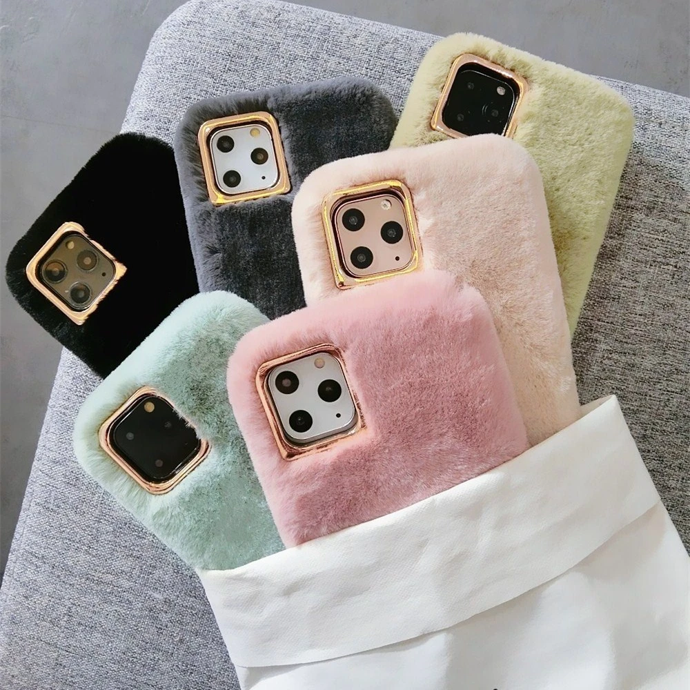 Cute Rabbit Fur Plush Phone Case For iPhone 12 11 Pro Max XS X XR 7 8 6 6S Plus SE Winter Warm Solid Color Furry Silicone Cover