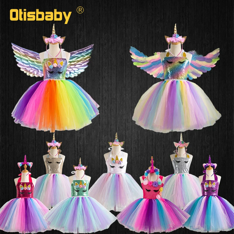 

Summer Fancy Girl Sleeveless Rainbow Floral Unicorn Tutu Dress With Wings Kids Sling Horse Tulle Print Little Pony Party Clothes