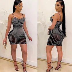 Seksowna siatka Sheer Rhinestone Mini sukienki dla kobiet nocna impreza klub Backless obcisła sukienka bez rękawów elegancka sukienka urodzinowa szata