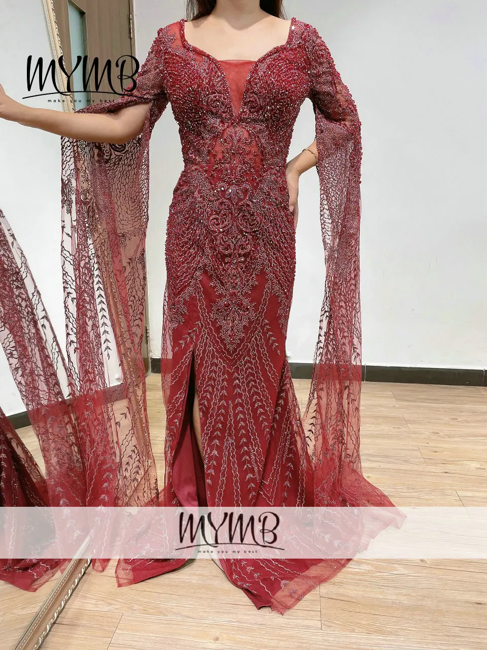 MYMB Luxury Haute Couture Lace Evening Gown Wine Elegant Fitted Split Dress Women For Wedding Party Long Sleeve MY31141