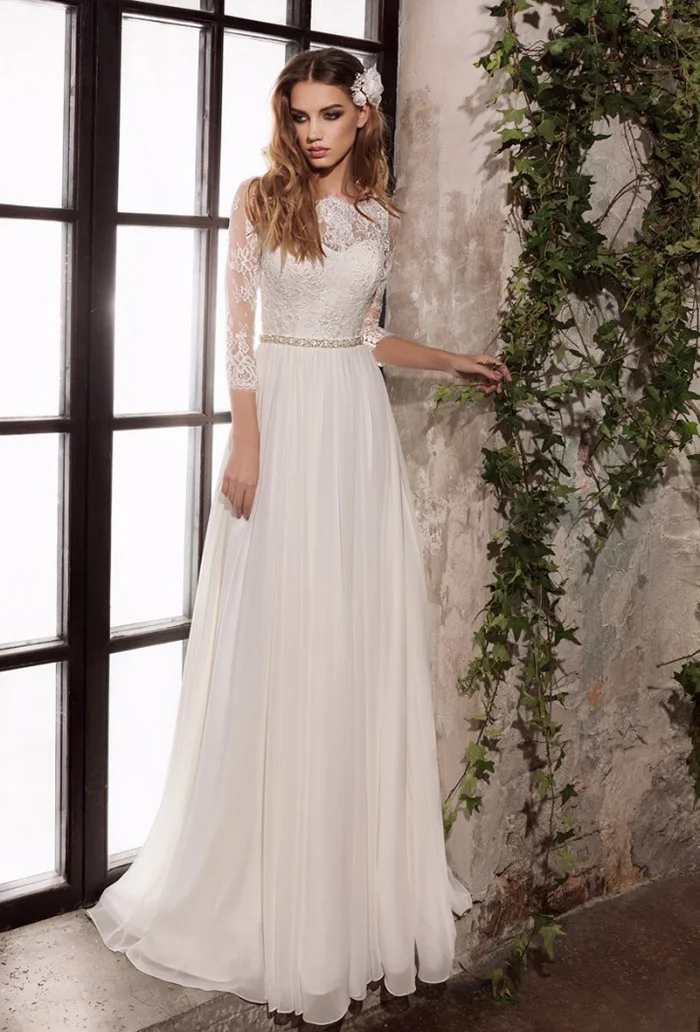 2021 Wedding Dresses Three Quarter Sleeves Top Lace Chiffon Bridal Gowns with Beading Sashes Vestido De Noiva