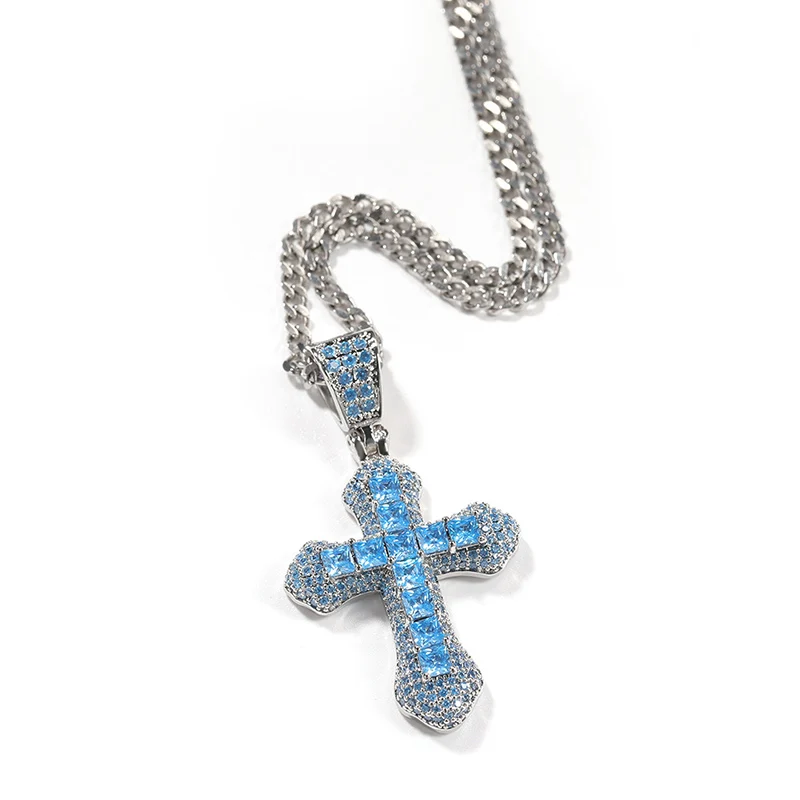 

Hip Hop Red Blue Square CZ Stone Paved Bling Iced Out Cross Pendants Necklace for Men Rapper Jewelry Gift