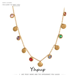 Yhpup New Colorful Cubic Zirconia Chain Necklace Stainless Steel Fashion Collar Necklace Jewelry for Women Bijoux Femme Gift