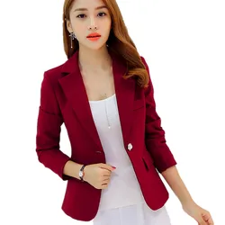 Blazer de manga comprida feminino, jaquetas de escritório femininas, blazers finos, roupas exteriores Veste Femme Vermelho, Azul Marinho, Cinza, Design Curto