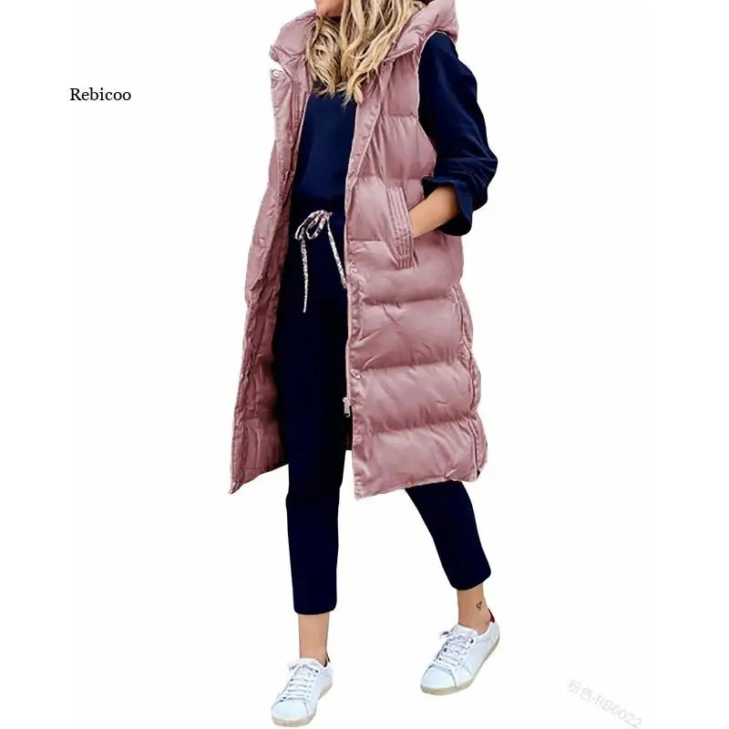 

Winter Coat Women Long Hooded Sleeveless Jacket Loose Casual Fashion Single-breasted Warm Vest Woman