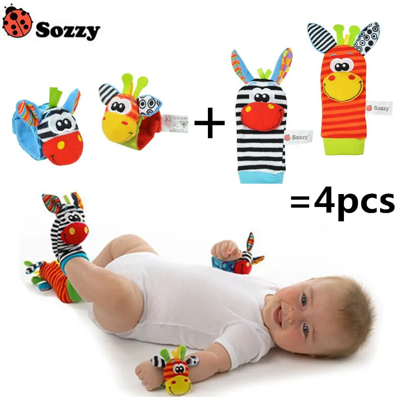 100pcs / 25 sets of newborn baby rattle toys Sozzy Garden Bug animal cute cartoon wrist rattle and plush socks wholesale