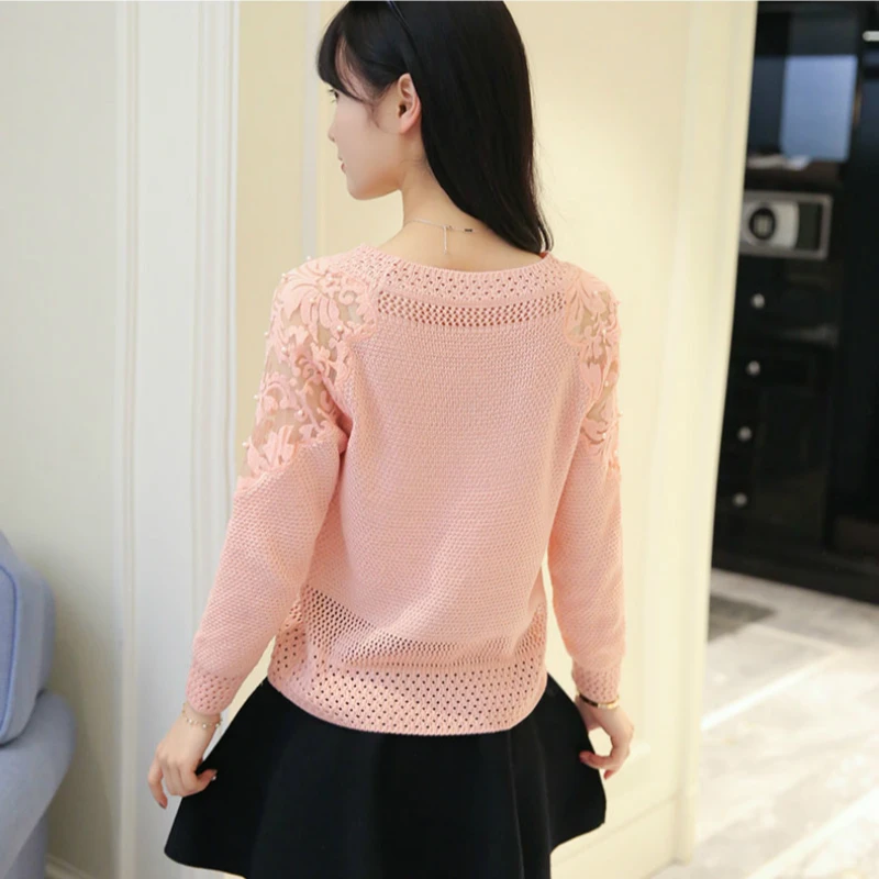 Women Knitted Sweater Korean Style Winter Long Sleeve Top Pull Vintage Lace Patchwork Pullover Feminino Soft Femme Autumn Jumper