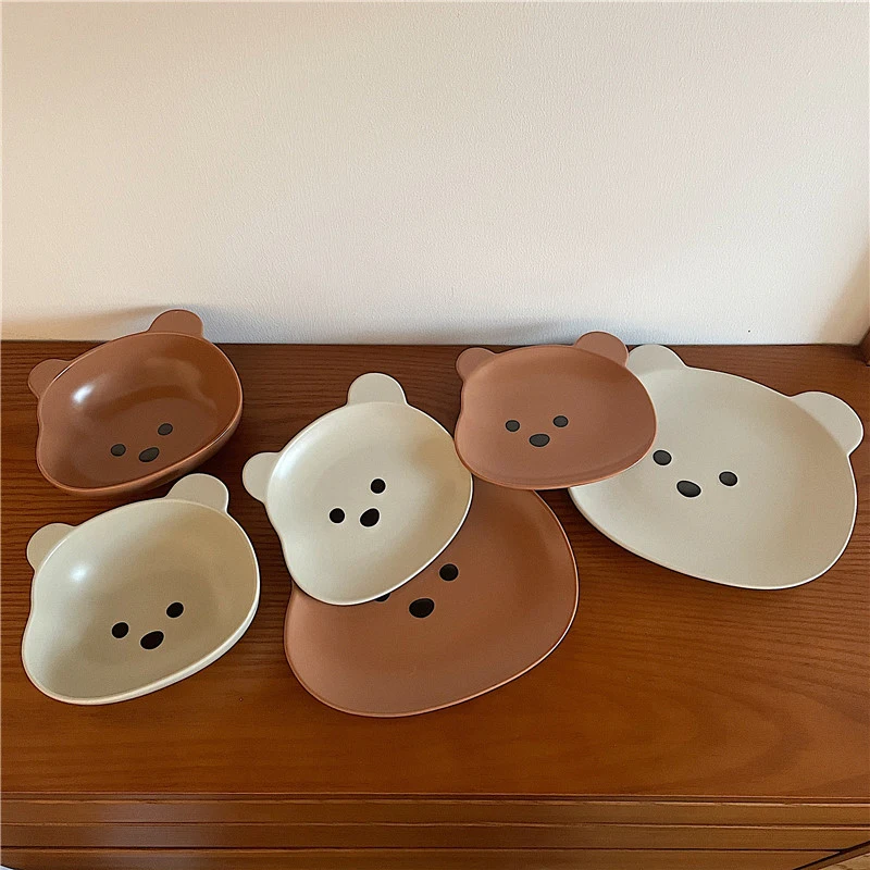 Kawaii Bear Bowl Plate Tableware Ceramics Cute Fruit Noodle Breakfast Salad Bowl Korean Accessories Utensils For Kitchen