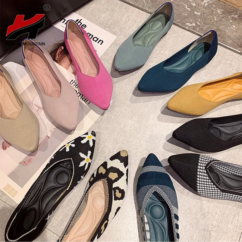 NAN JIU MOUNTAIN Printing Women Shoes Flats Single Shoes Spring Autumn Knitted Pointed Shoes Flat Comfortable Plus Size 43