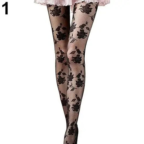 Women Stockings Fashion Rose Pattern Tight Lace Pantyhose Sexy See-through Stockings Shiny Stretchy Black White Goth Party Tight