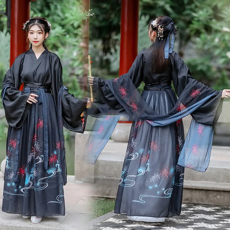 ชุดจีนโบราณ Hanfu สีดำแบบดั้งเดิมพิมพ์ชุดสไตล์จีนพื้นบ้านเต้นรำคอสเพลย์แห่งชาติเครื่องแต่งกาย Kimono ชุด