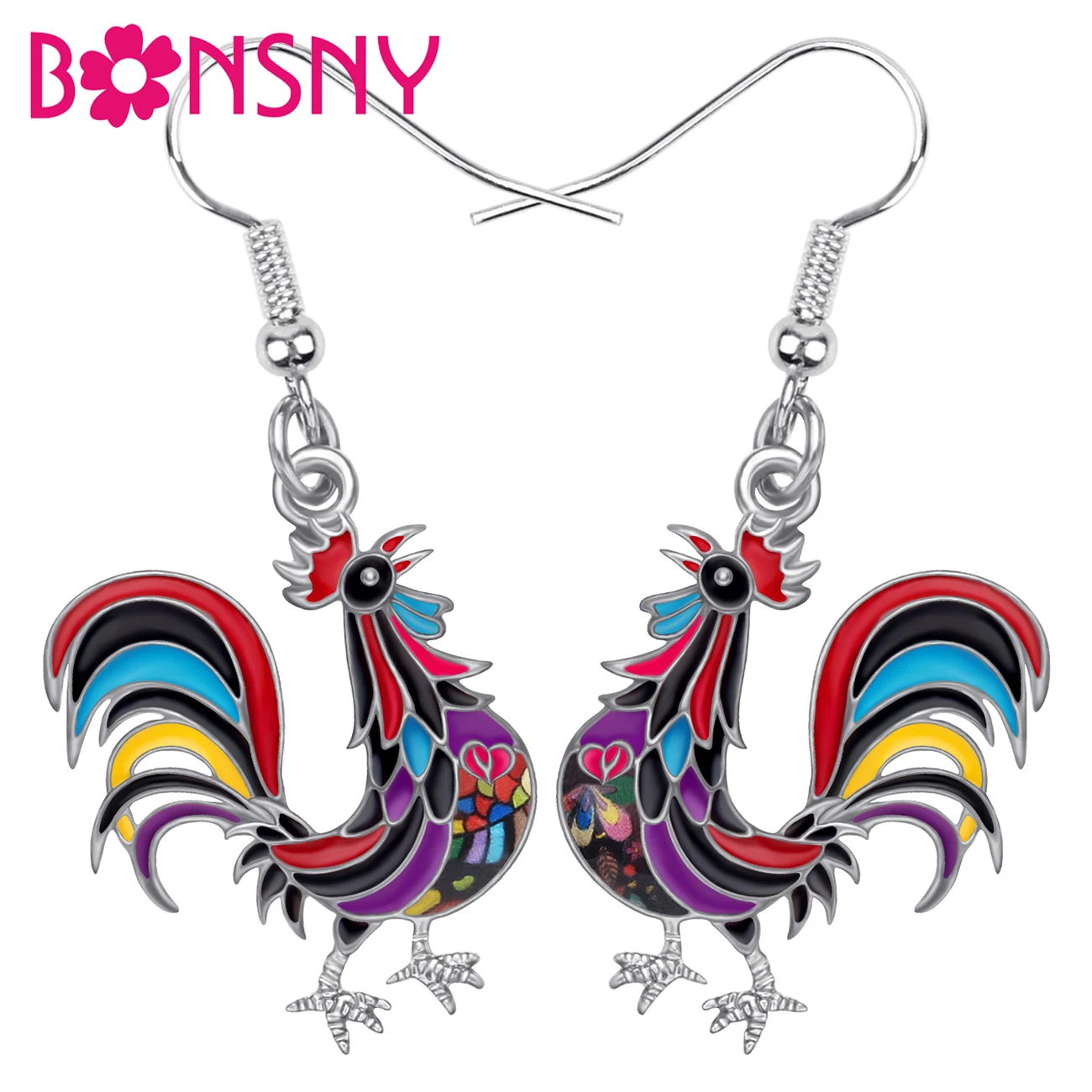 Bonsny Metal Enamel Alloy Floral Rooster Cock Earrings Lovely Animal Dangle Drop Jewelry For Women Girl Kid Birthday Gift Charms