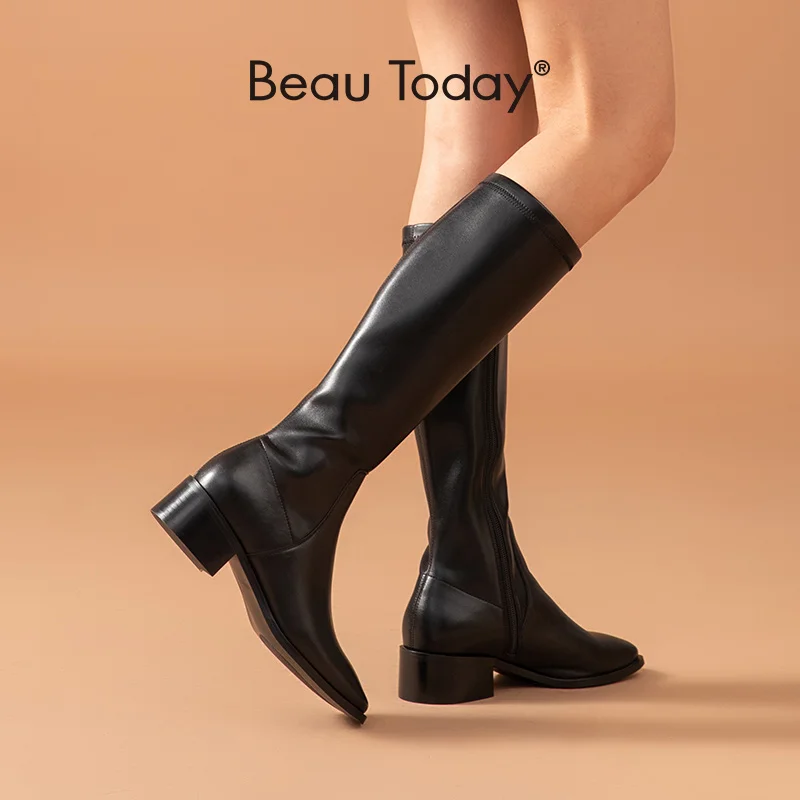 BeauToday Long Boots Women Cow Leather PU Patchwork Knee High Boots Square Toe Side Zip Winter Ladies Thick Heel Shoes 01434