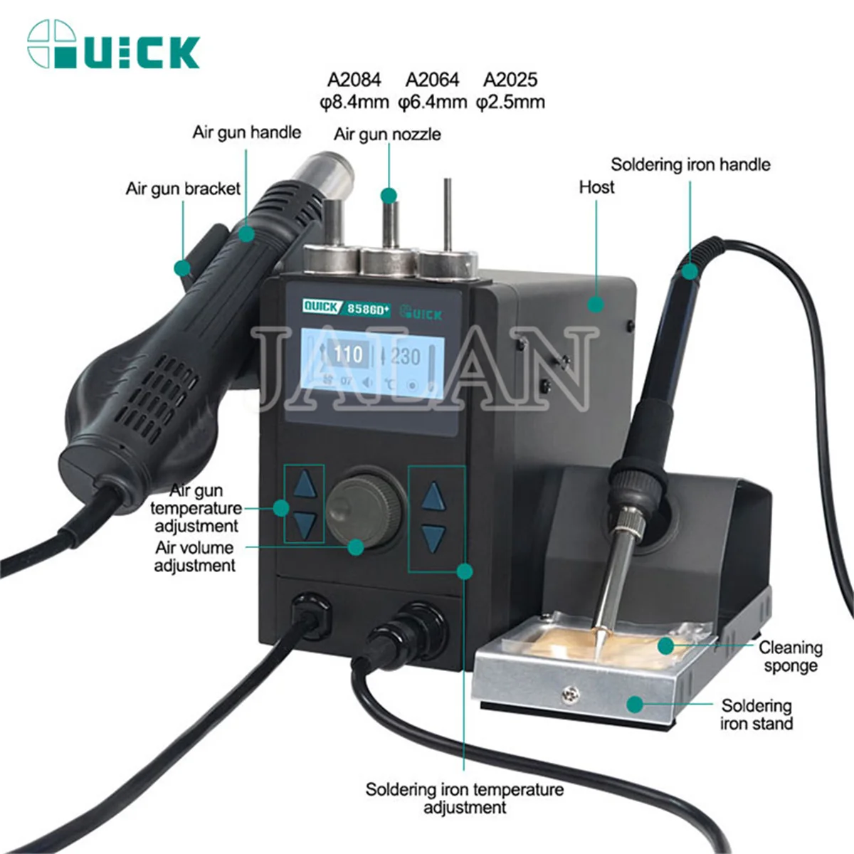 QUICK 8586D +-Estación de retrabajo 2 en 1, soldador eléctrico, pistola de aire caliente, pantalla de teléfono móvil, placa base, herramienta de reparación sin plomo