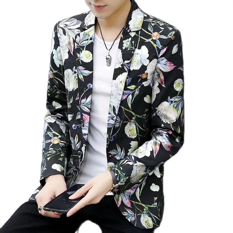 White Men Flower Blazer Coat, Asian Size Suit Jacket, Blue Black Jaqueta Male Slim Fit Outerwear M-6XL