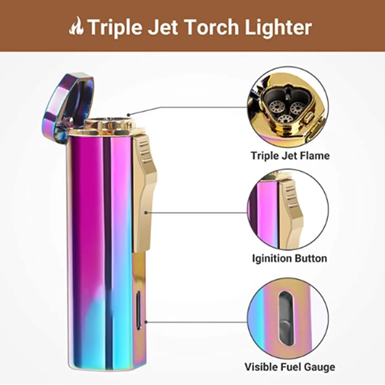 Triple Jet Butane Torch Lighter, Refillable Windproof Lighter, Rainbow Pocket Lighter with Adjustable Flame,Gift for Men