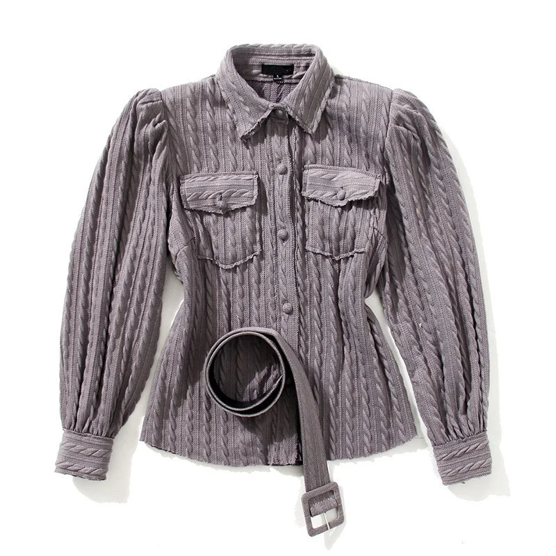 

Retro Women Style Twist Lapel Belted Single-Breasted Puff-Sleeve Jacket Office Lady 2022 Spring Autumn New Knitting Cardigan