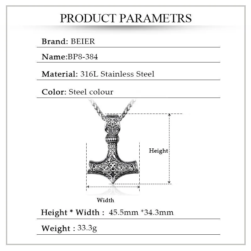 Beier 316L stainless steel Norse Viking Pendant Necklace Thor\'s Hammer Mjolnir Scandinavian  gold colour  amulet men jewelry 384