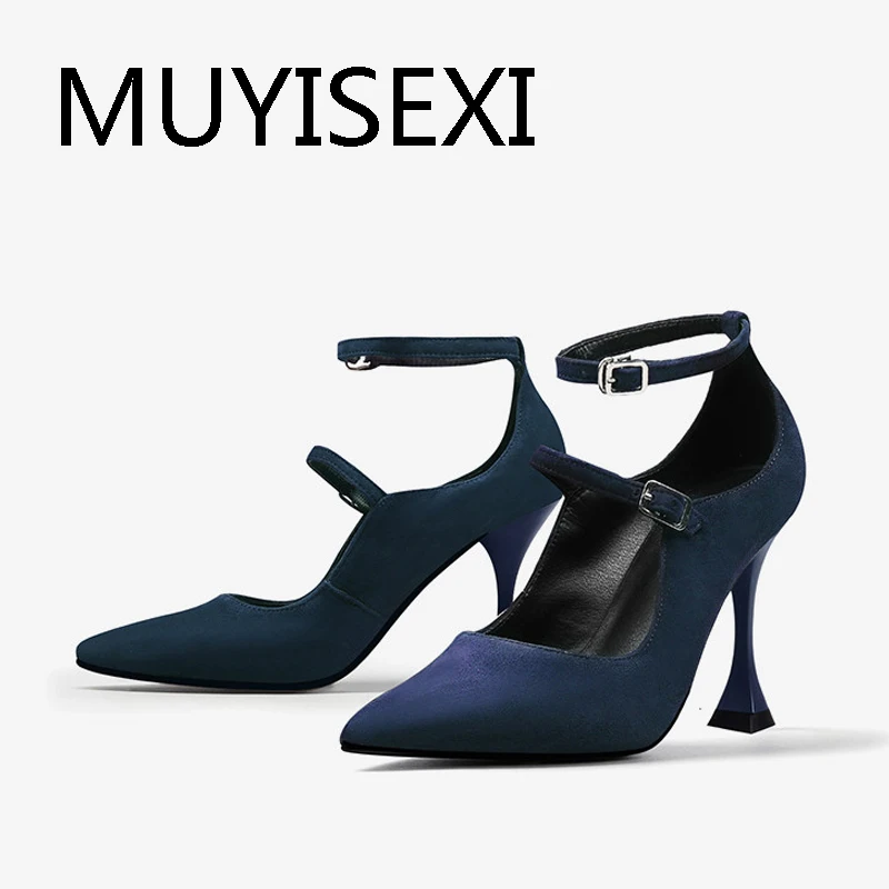 

Classic elegant natural leather pointed toe 8.5cm thin high heels buckle straps blue purple party cozy lady pumps HL308 MUYISEXI