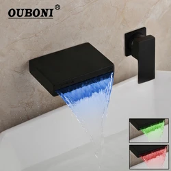 OUBONI LED Waterfall Bathtub Faucets Chrome Polished & Black Wall Mounted Bathroom Single Handle Basin Sink Tap Mixer Tap Faucet