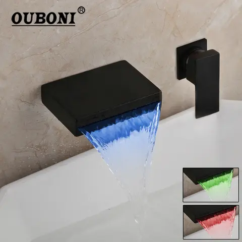 OUBONI LED 폭포 욕조 수도꼭지, 크롬 광택 및 블랙 벽걸이 욕실 싱글 핸들 세면대 싱크 탭 믹서 탭 수도꼭지