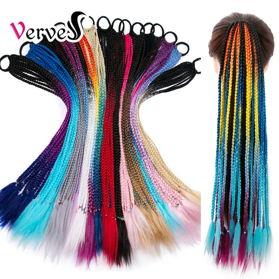 VERVES Synthetic Ponytail Hairpiece With Rubber Band Hair Ring 24 inch Box Braided Extensions for Children Girls Pink Rainbow