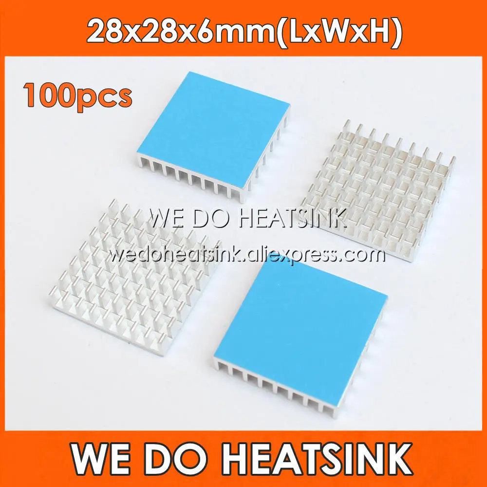 WE DO HEATSINK 100pcs 28x28x6mm Silver Slotted Aluminum Heatsink Cooler For IC CPU AMD With Thermally Tape Pads