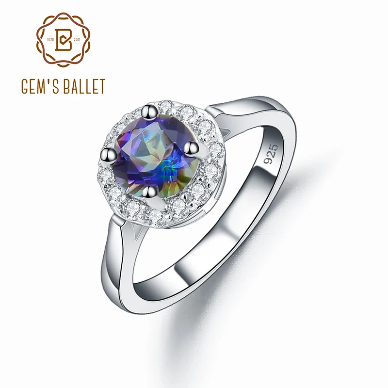 GEM'S BALLET Real 925 Sterling Silver Gemstone Halo Ring Natural Green Emerald Mystic Topaz Rings For Women Fine Jewelry