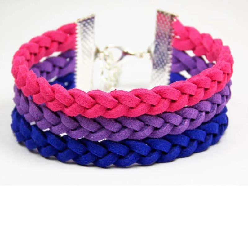 Bisexual Bi Pride LGBT Flag Pink Purple Sapphire Blue Adjustable Braided Leather Suede Layered Bracelet Jewelry