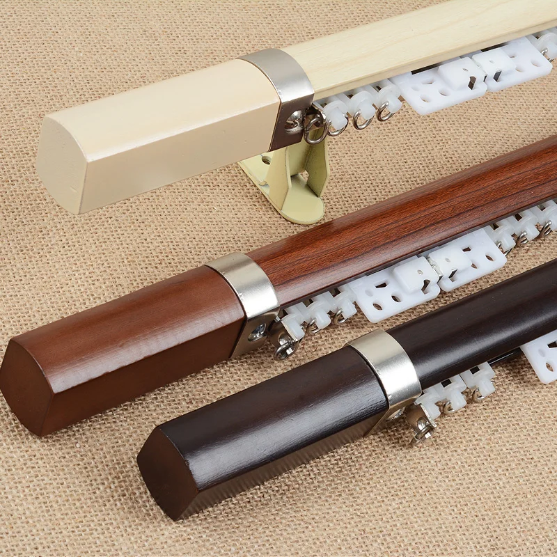 Wood Grain Double Curtain Rod Set, Square Decorative Head with Pulley and Accessories for Window Decor, Singapore,Canada