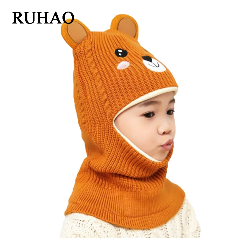 RUHAO 2020 Hot Cap child super warm Winter balaclava wool Beanies Knitted Hat and scarf for 3-8 years old girl boy hats