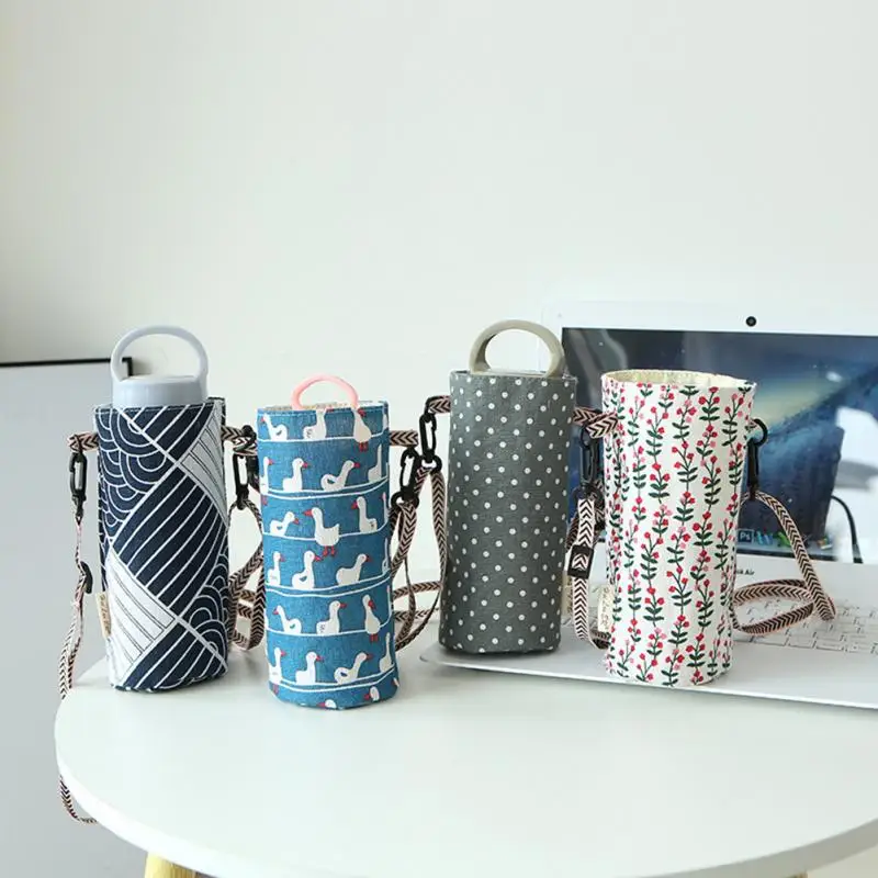 Water Bottle Storage Bag Cotton Linen Canvas Water Cup Bag Simple Portable Lanyard Cup Holder Shoulder Crossbody Water Cup Bag