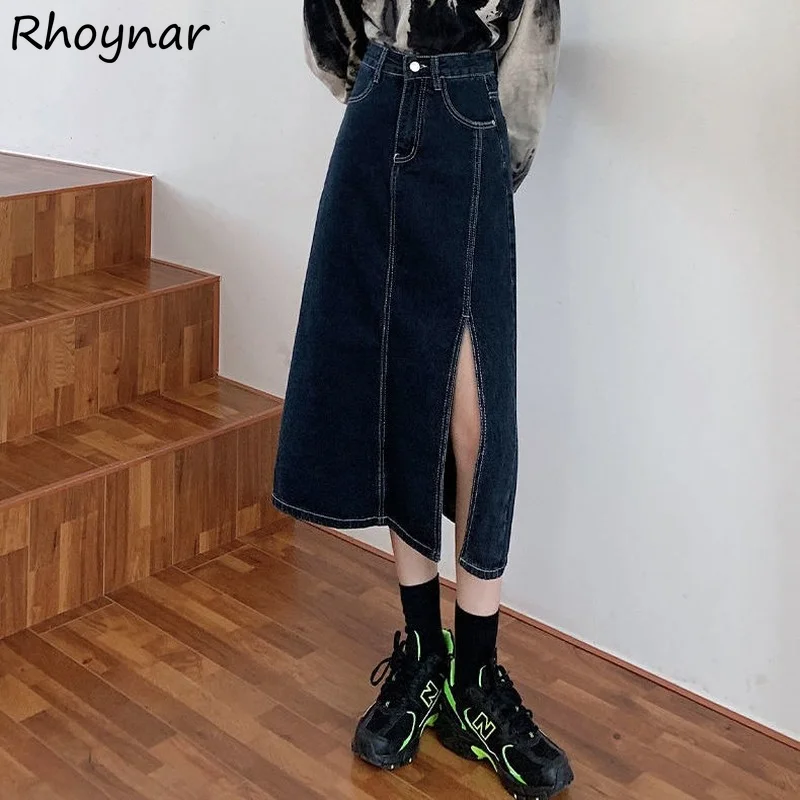 

Skirts Women Summer Mid-calf All-match Teenager Elegant Vintage Pockets Daily Fashion Chic Leisure Side-slit Empire New Soft Fit