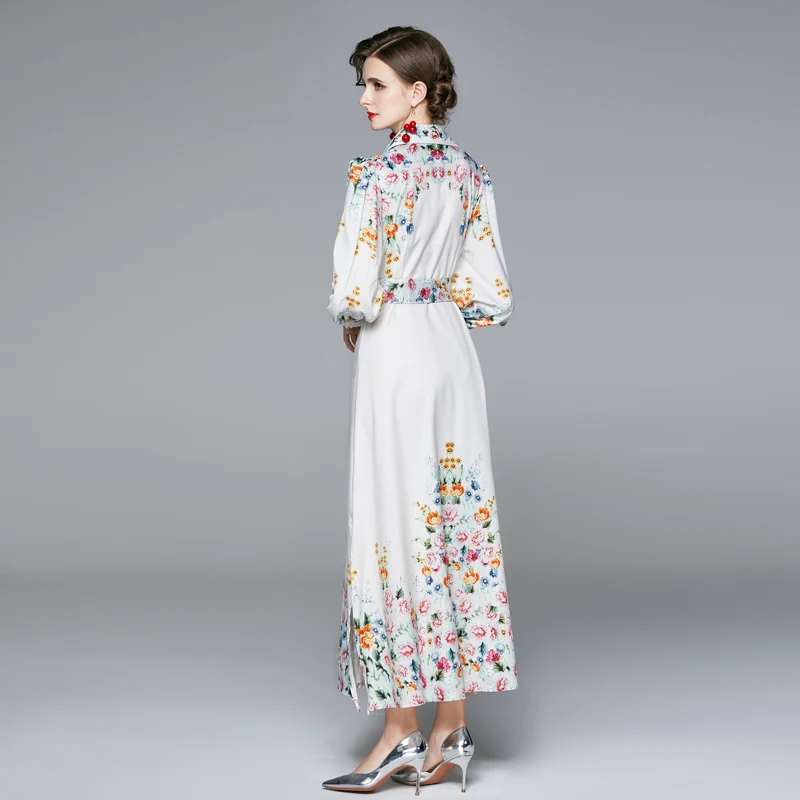 Designer Runway Spring Bohemian Maxi Dress Women\'s Long Sleeve Single Breasted Vintage Floral Print Elegant Long Dress With Belt