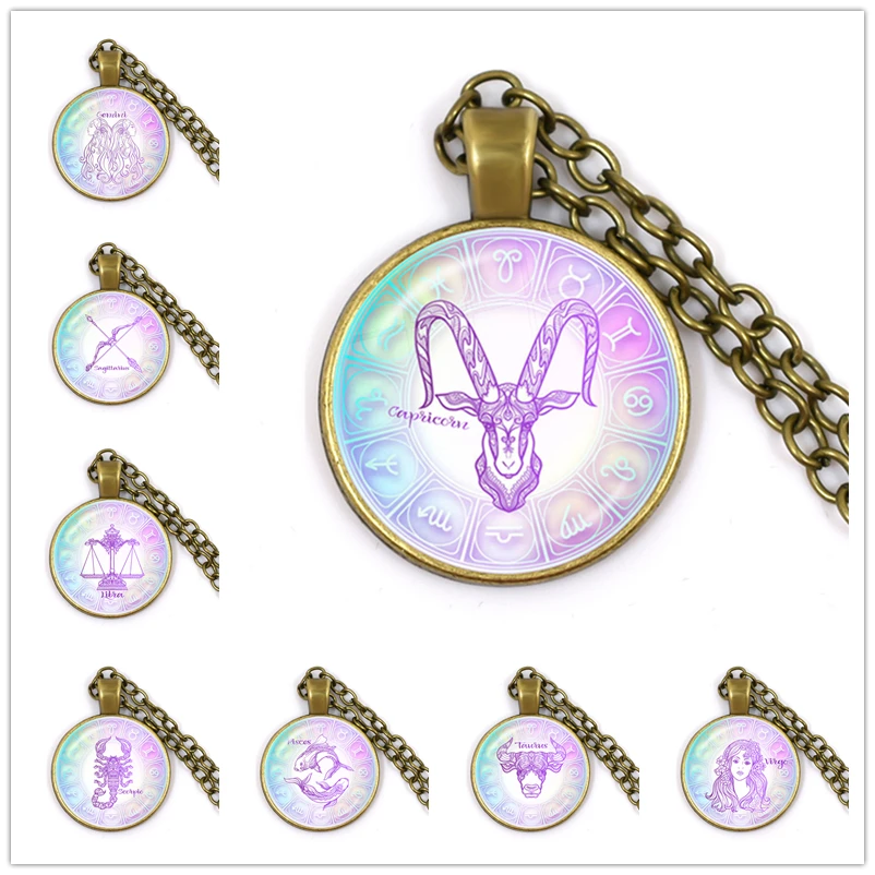 New 12 Constellation Scorpio Sagittarius Capricorn Aquarius Pendant Necklace Glass Dome Zodiac Jewelry For Gift