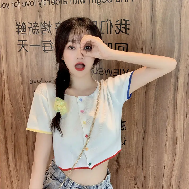 Woman TShirts 2024 Cardigan Button Top Short-Sleeved Knitted T-shirt for Women Summer Crop Top Mujer Camisetas