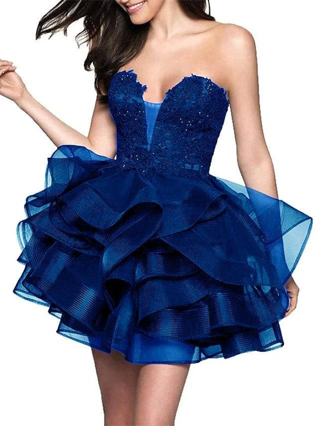 

Fashion Royal Blue/Black Short Cocktail Party Dress 2023 Sweetheart Tiered Lace Gradutation Homecoming Gown Robe De Soirée