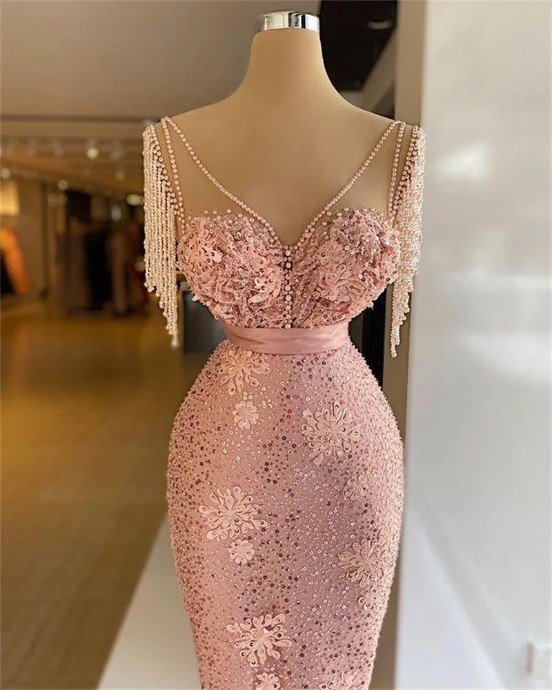 Robe de soirée en dentelle scintillante rose, tenue de bal de fin d'année, décolleté plongeant en v, avec gaine, pour la deuxième réception