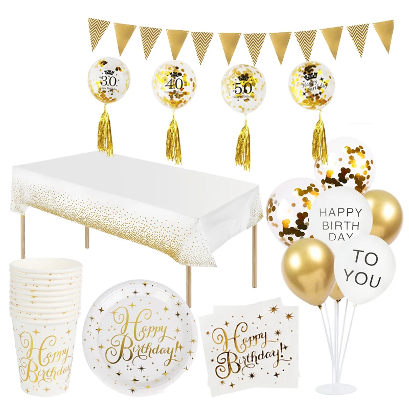 Golden happy birthday Adult & kids birth day decoration Dinner party Paper plate cup tablecloth disposable tableware Banner set