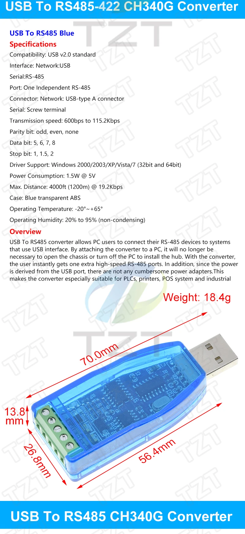 Tzt industrial usb to rs485 422 ch340g konverter upgrade schutz konverter kompatibilität standard RS-485 platinen modul – Detail 4