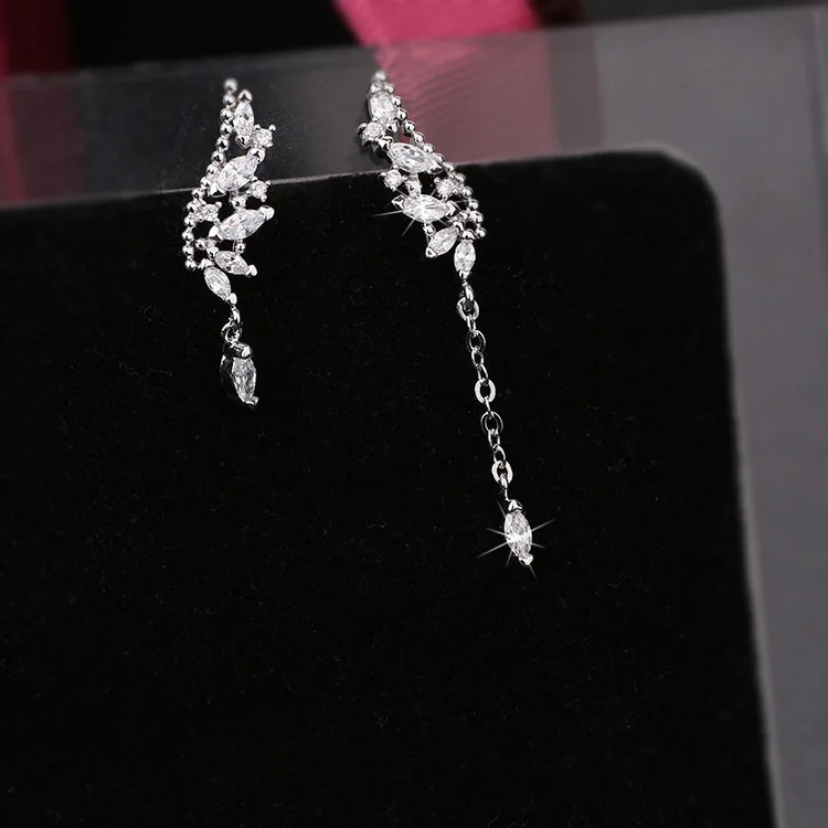 925 Sterling Silver Asymmetric Crystal Wings Drop Earrings For Women Fashion Jewelry Lady Statement Earrings Pendiente